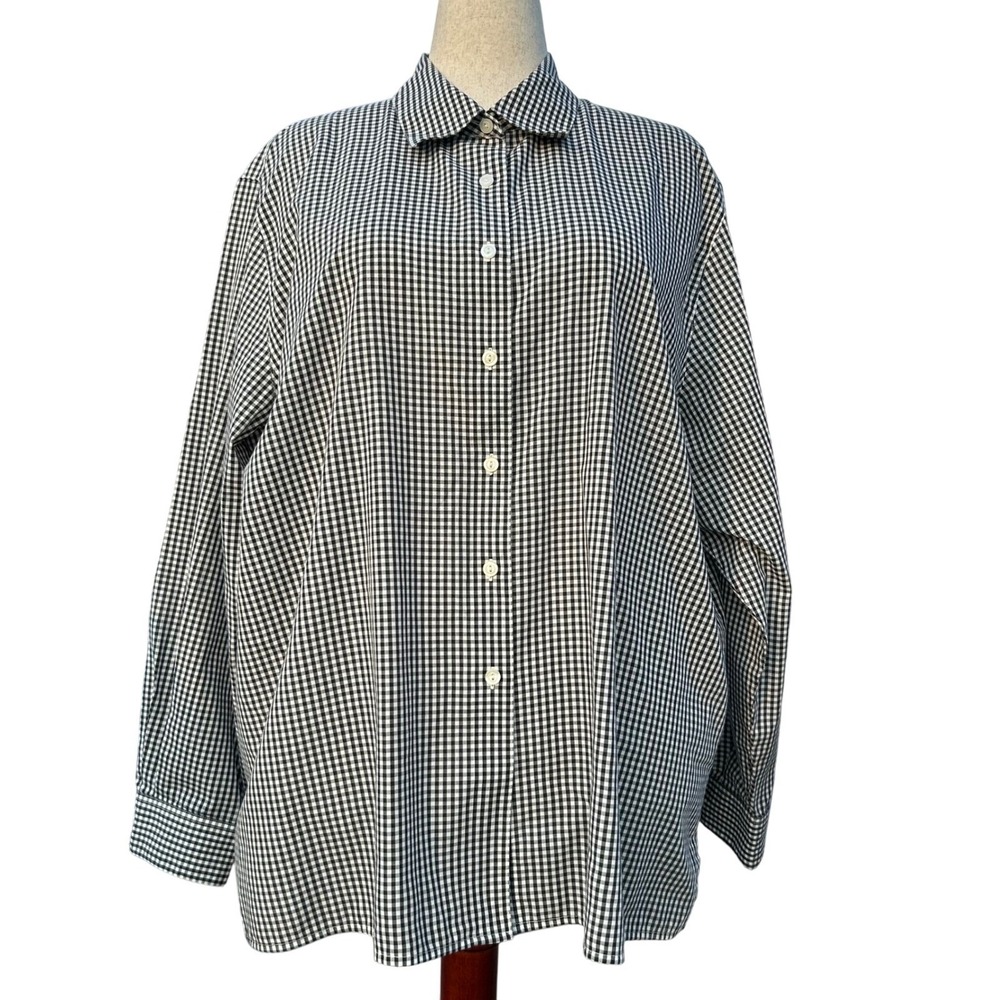 Foxcroft Womens Button Down Shirt 22W‎ Black Gingham Wrinkle Free Preppy Classic